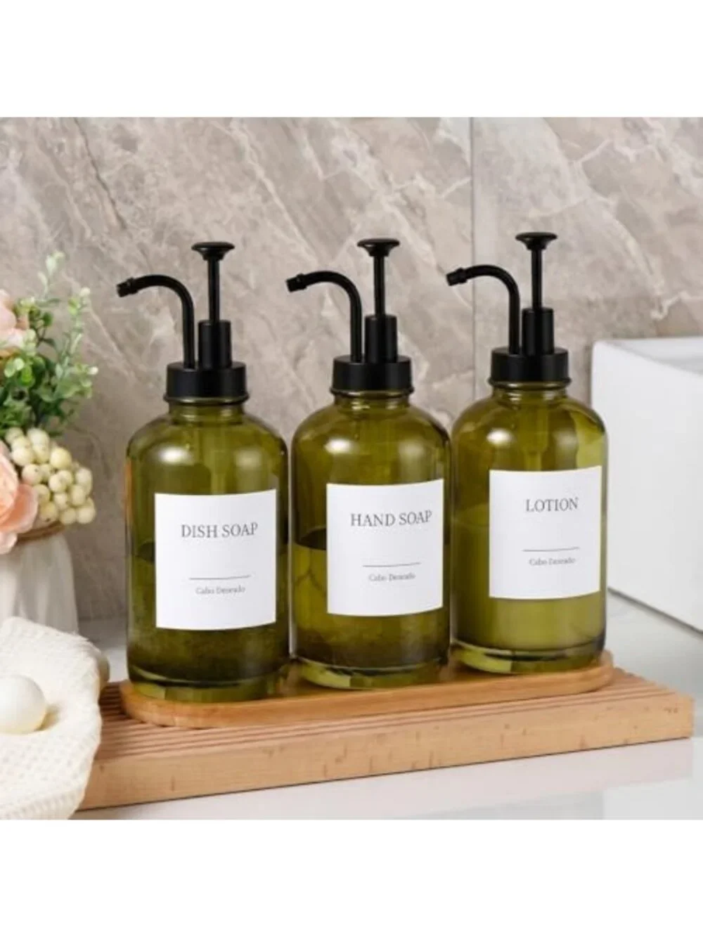 Elegant Glass Soap Dispenser Set with Pump, Bamboo Tray & 18 Stickers - 500ml